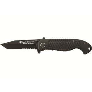 Smith & Wesson Special Tactical Pocket Knife 3.5" Partially Serrated Tanto Point 7Cr17MoV Black Blade Rubber Handle Black - Smith & Wesson