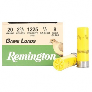 ington Game Load Ammunition 20 Gauge 2-3/4 7/8 Oz #8 Shot 25 Rounds Ammo