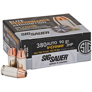 Sig Sauer Elite Performance Ammunition 380 ACP 90 Grain V-Crown Jacketed Hollow Point Box Of 20 E380A1  Sauer Elite Performance Ammunition 380 ACP 90 Grain V-Crown Jacketed Hollow Point Box Of 20 E380A1 Ammo