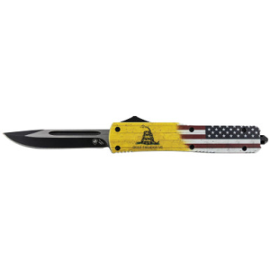 Templar Knives Templar Knife MDTOM331 Gen II Don't Tread On Me Slim 3.50" OTF Drop Point Plain Black Oxide Stonewashed 440C SS Blade, 5.05" Yellow w/Flag & "Don't Tread On Me" Aluminum Handle, Glass Breaker - $99.99 at Sportsman Fulfillment