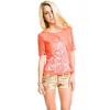 Mustard Seed Faux Leather Collar Lace Top In Coral; Small Size S