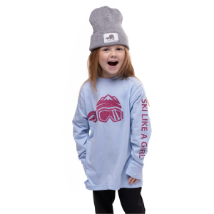 Ski Like A Girl Girls' Light Blue Pink Glitter Long Sleeves T-Shirt