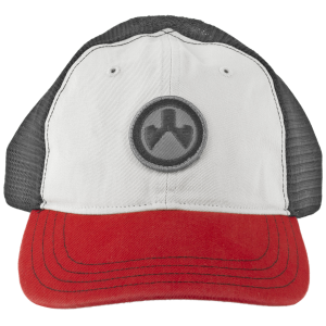 Magpul Icon Patch Garment Washed Trucker Hat - Stone / Black / Red