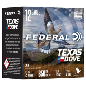 Federal Texas Dove 2.75 12 Gauge Ammo 1 1/4oz #7.5 Shot 25 Shells eral Texas Dove 2.75 12 Gauge 1 1/4oz #7.5 Shot 25 Shells Ammo