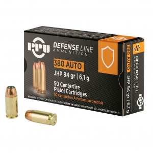 PPU Defense 380 ACP 94gr Jacketed Hollow Point 50rd/Box Handgun Ammo (PPD380A)