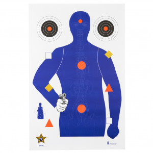 Action Target SSO-99, Sheriff's Office Sarasota Co. (FL) Modifies B21E Target With Vital Anatomy, Blue/Red/Gold/Black, 23"x35", 100 Per Box SSO-99-100
