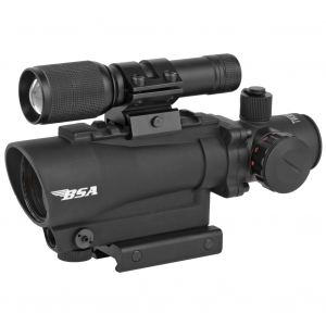 BSA Optics Tactical Weapon Rifle Scope, 1X30, Red Dot, Fully Multi Coated Optics, Fast Focus, 4" Eye Relief, Red Dot Reticle 650 nm 3R Red Laser and 140 Lumen Flashlight, Black TW30RDLL