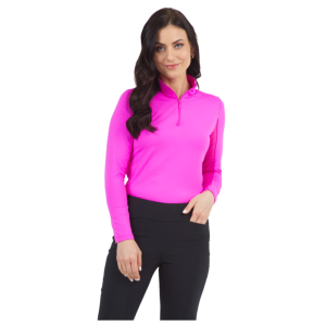 IBKUL Solid Mock Neck Long Sleeve Hot Pink Top (80000-HPNK)