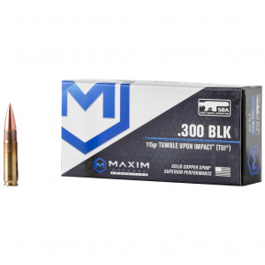 Maxim Defense Industries SBA Short Barrel Ammunition, 300 Blackout, 115 Grain, Solid Copper Bullet, TUI (Tumble Upon Impact) Design, 20 Round Box MXM-49004