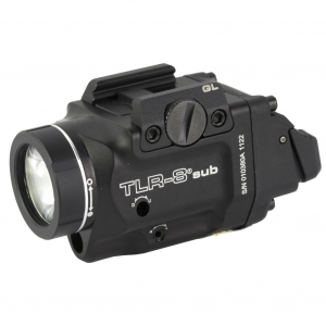Streamlight Streamlight TLR-8 Sub, White LED with Red Laser, Fits Glock 43x/48 MOS, 500 Lumens, Anodized Finish, Black, Includes (1) CR123a Battery, Low and High Switches 69411