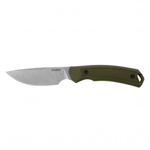 Kershaw Deschutes Skinner, Fixed Blade Knife, 3.9" Drop Point Blade, Plain Edge, D2 Steel, Stonewash Finish, Silver, Olive Drab Green Handle, Includes Molded Sheath 1883