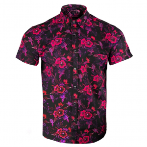 RETRO RIFLE Hibiscus Black Pink Button Down Shirt, Medium (HIBISCUS-M)