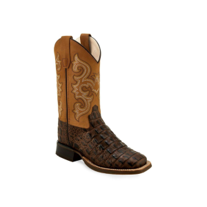 OLD WEST Children's Brown Faux Horn Back Gator Print Foot/Tan Canyon Shaft Cowboy Boots (BSC1832)