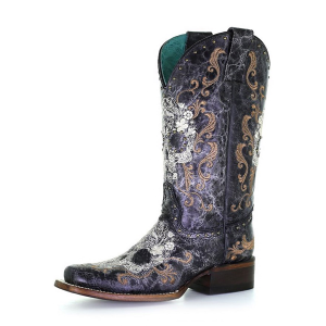Corral CORRAL Ladies Black/White Floral Skull Embroidery & Studs Sq. Toe Boots (Z5005) - $219.00 at GritrSports