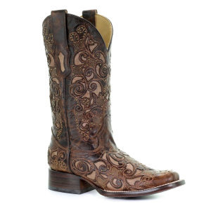 Corral CORRAL Women's Brown Inlay & Studs Embroidery Square Toe Boots (A3326-LD) - $298.00 at GritrSports