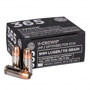 SIG SAUER V-Crown 9mm 115Gr JHP 20Rd/Box Handgun Ammo (E9MMA1-365-20)