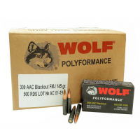 WOLF Polyformance 300 Blackout 145gr FMJ 500rd Steel Case Rifle Ammo (300BLKFMJ1-CASE)