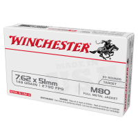 WINCHESTER AMMO 7.62x51mm 149Gr M80 FMJ 20rd Box Rifle Ammo (WM80)