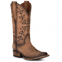 CORRAL Women's Brown Flowered Embroidery Square Toe Boots (L2032)