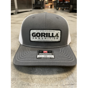 Gorilla Ammunition Woven Label Trucker Hat (Color: Charcoal, White Mesh)