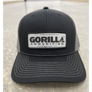 Gorilla Ammunition Woven Label Trucker Hat (Color: Black, Gray Mesh)