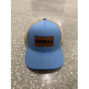 Gorilla Ammunition Leather Patch Trucker Hat (Color: Colombia Blue, Khaki)