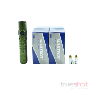 Cci|Magtech|Maxxtech|Olight BUNDLE DEAL: OD Green Olight Warrior 3S High Beam Tactical Flashlight and 500 Rounds of Ammo - Magtech 9mm 115 Grain Steel - $213.94 at True Shot Ammo
