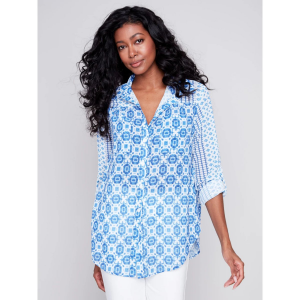 Charlie B Printed Crinkle Georgette Blouse Womens | Multi Blue | Large | Christy Sports