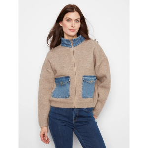 Charlie B Denim Detail Sweater Jacket Womens | Khaki | Large | Christy Sports