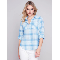 Charlie B Plaid Cotton Gauze Shirt Womens | Multi Lt Blue | Large | Christy Sports