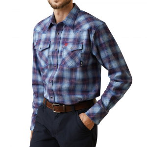 Ariat Men's 10043748 Flame-Resistant Dagger Retro Fit Snap Long Sleeve Work Shirt - Clear Sky Plaid Small Regular