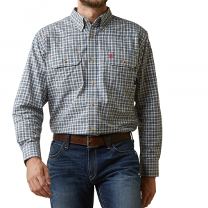 Ariat Mens 10043545 Flame-Resistant Featherlight Work Shirt - Clear Sky Plaid Large Regular