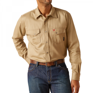 Ariat Men's 10048445 Flame-Resistant Solid Snap Long Sleeve Work Shirt - Khaki Large Tall