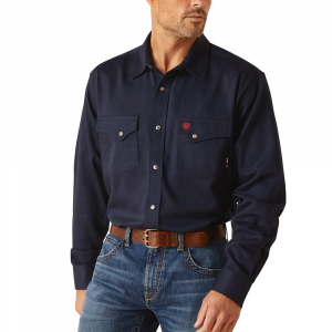 Ariat Mens 10048489 Flame-Resistant Solid Snap Long Sleeve Work Shirt - Navy Small Regular