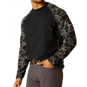 Ariat Mens 10052090 Flame-Resistant AC Stretch Camo Baseball Long Sleeve T-Shirt - Black / Grey Camo 3X-Large Regular