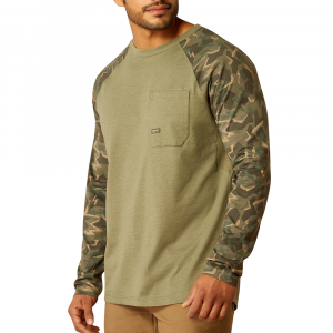 Ariat Mens AR2111 Rebar Workman  Shard Camo Baseball Long Sleeve T-Shirt - Deep Lichen Camo Small Regular