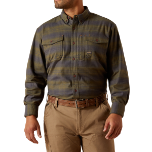 Ariat Mens 10062530 Rebar Flannel DuraStretch Work Shirt - Burnt Olive Small Regular
