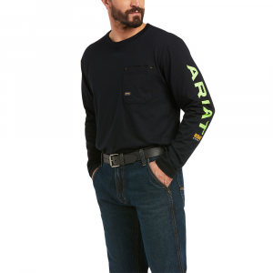 Ariat Mens 10037405 Rebar Long Sleeve Logo Crew - Black/Lime Green Medium Regular