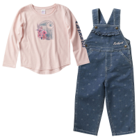 Carhartt  CG9768 Long Sleeve Graphic Tee and Denim Overall Set - Girls - Medium Wash 3 Toddler