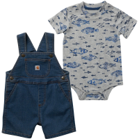 Carhartt  CG8795 Short-Sleeve Fish Print Bodysuit & Denim Shortall Set - Boys - Medium Wash 6 Months