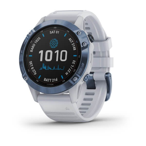 Garmin fnix(R) 6 Solar Multisport GPS Watch - Pro Features - Mineral Blue Titanium With Whitestone Band