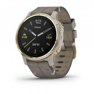 Garmin fnix(R) 6S Sapphire Multisport GPS Watch - Pro Features - Light Gold-tone With Shale Gray Leather Band