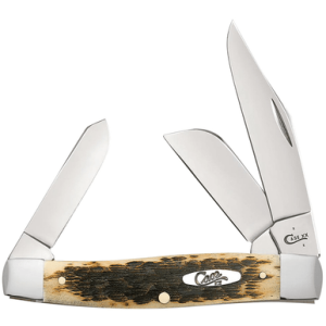 Case Stockman Knife, Large 3.30"/2.30"/2.20" Folding Clip Point/Pen/Sheepsfoot Plain Mirror Polished Carbon Steel Blade, Peach Seed Jigged Amber Bone Handle - 00204