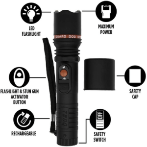 Guard Dog Inferno Flashlight/Stun Gun, 6,000,000 LED Rechargeable Black Rubber Coated Includes Charging Cord / Holster - SGGDINBK