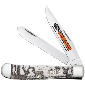 Case Trapper Sportsman Knife, 3.24" / 3.27" L Folding Clip Point/Spey Plain Mirror Polished Tru-Sharp SS Blade/Deer Embellished Natural Bone Handle - 81220