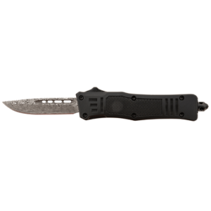 Steel River Knives Spartan Knife, Mini 2.75" OTF Drop Point Plain Laser Etched Damascus 440C SS Blade/4.25" Black Aluminum Zinc Alloy Handle - MT616BDDP