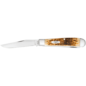 Case Trapper Knife, Medium 3.25"/3.27" Folding Clip Point/Spey Plain Mirror Polished Tru-Sharp SS Blade Peach Seed Jigged Amber Bone Handle - 00164