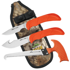 Outdoor Edge WildGuide Knife Set, Fixed Caper/Saw/Skinner w/Gut Hook Satin 420J2 SS Blades Blaze Orange Textured TPR Handle - WG10C