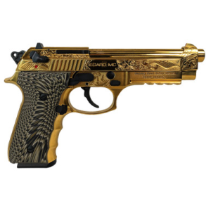 EAA GIRSAN 390088 Regard MC Deluxe 9mm Luger 18+1, 4.90" Stainless Steel Barrel, Gold Plated Serrated w/Engraving Steel Slide & Aluminum Frame w/Picatinny Rail, Black G10 Grip, Ambidextrous