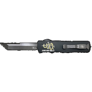 Templar Knife Excalibur Come And Take It Slim 3.25" OTF Tanto Part Serrated D2 Steel Blade, 5" Black "Come And Take It" Aluminum Handle